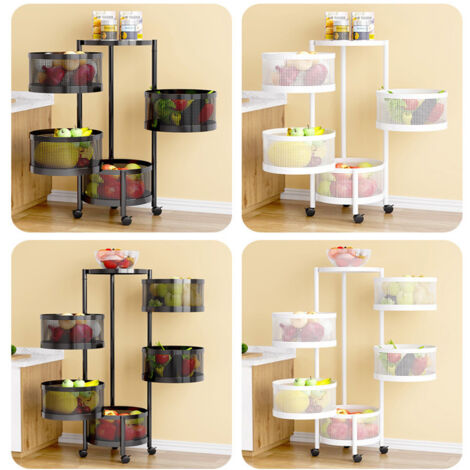 Panier De Fruits Et Legumes Rotatif,Support De Rangement Rond De Cuisine, Support De Stockage De Fruits Rotatif, Chariot De Rangement Pour Cuisine Avec 4 Roues, 4 éTagèRes à Fruits Debout-BLANC