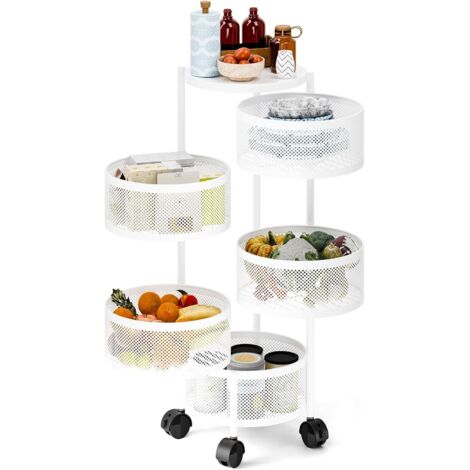 Panier De Fruits Et Legumes Rotatif,Support De Rangement Rond De Cuisine, Support De Stockage De Fruits Rotatif, Chariot De Rangement Pour Cuisine Avec 4 Roues, 5 éTagèRes à Fruits Debout-BLANC