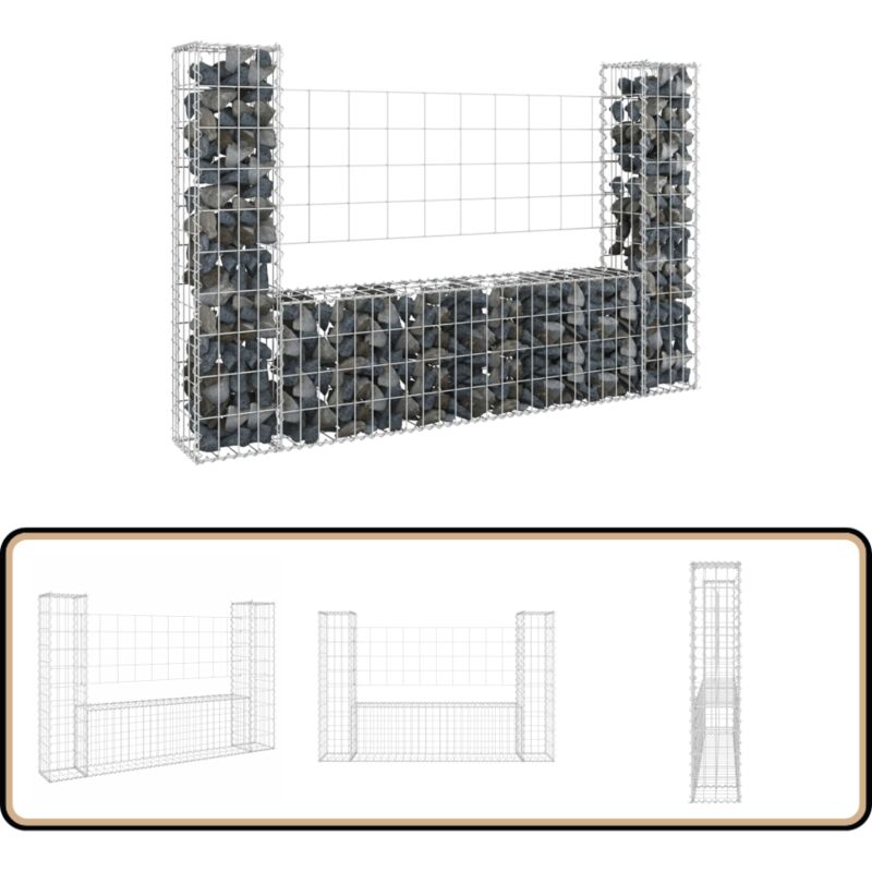 Panier de gabion en forme de u avec 2 poteaux Fer 140x20x100 cm - Panneau De Cloture - Mur De Soutènement - Gabion - Clôture Decorative - Clôture