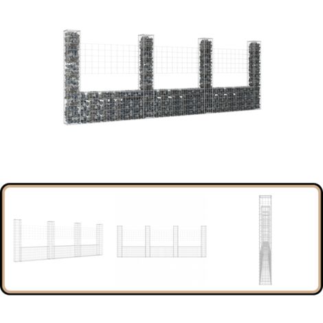 Panier de gabion en forme de U avec 4 poteaux Fer 380x20x150 cm - Paniers De Gabion - Cloture Decorative - Clotures Metalliques - Murs De Souteneur - Mur De Gabion