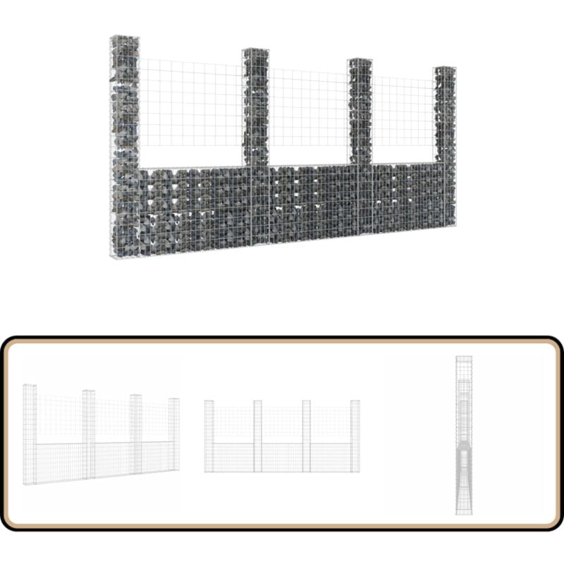 Panier de gabion en forme de u avec 4 poteaux Fer 380x20x200 cm - Panneau De Cloture - Clôture Jardin - Gabion - Clôture Métallique - Décoration