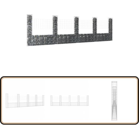 Panier de gabion en forme de U avec 5 poteaux Fer 500x20x150 cm - Panneau De Cloture - Mur De Soutènement - Gabion - Clôture Decorative - Clôture Metallique