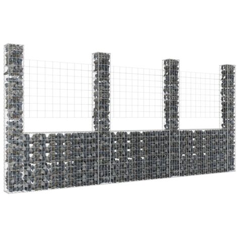 Panier de gabion  Jardiniere Mur en gabion  Clôture de gabion en forme de U avec 4 poteaux Fer 380x20x200 cm KOL8380