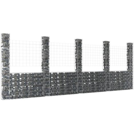 Panier de gabion  Jardiniere Mur en gabion  Clôture de gabion en forme de U avec 5 poteaux Fer 500x20x200 cm KOL3719