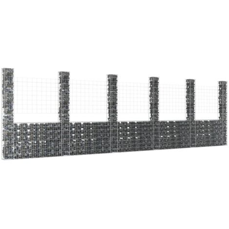 Panier de gabion  Jardiniere Mur en gabion  Clôture de gabion en forme de U avec 6 poteaux Fer 620x20x200 cm KOL3731