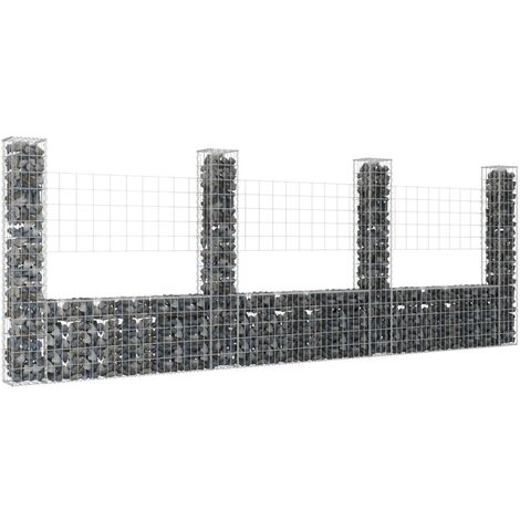 Panier de gabion Mur en gabion  Clôture de gabion en forme de U avec 4 poteaux Fer 380x20x150 cm 75091
