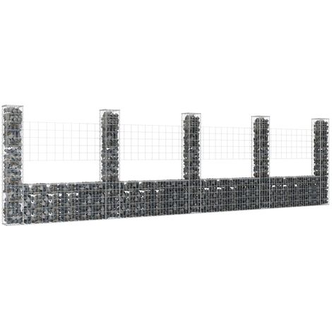 Panier de gabion Mur en gabion  Clôture de gabion en forme de U avec 5 poteaux Fer 500x20x150 cm 53484
