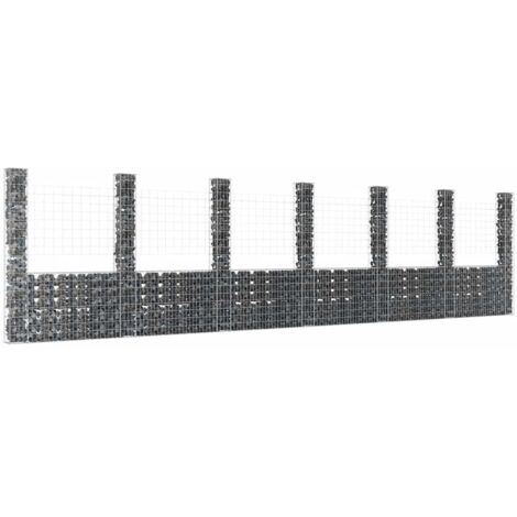 Panier de gabion Mur en gabion  Clôture de gabion en forme de U avec 7 poteaux Fer 740x20x200 cm 40271