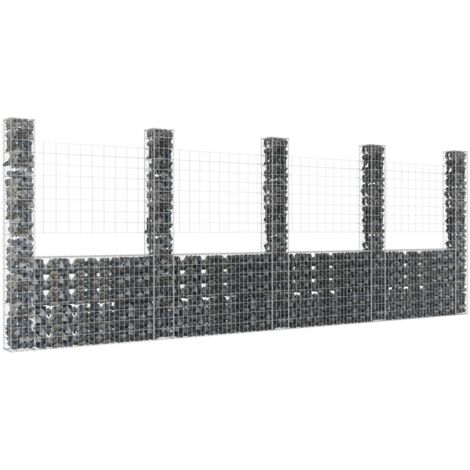 Panier de gabion，Mur en gabion en forme de U avec 5 poteaux Fer 500x20x200 cm CFW53622