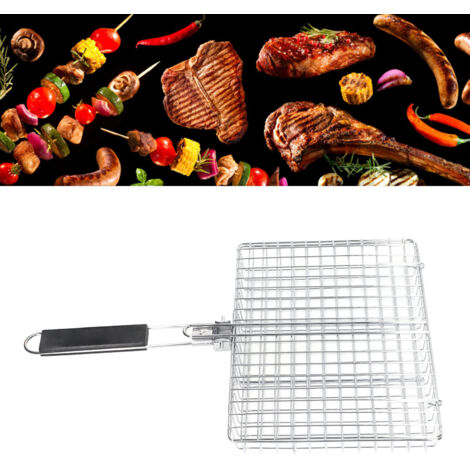 Panier de Grill BBQ en Acier Inoxydable Reutilisable avec Poignée Bois Thermo-résistant et Structure Escamotable pour Burgers, Steaks, Poisson, Crevettes et Legumes en Cuisson Extérieure