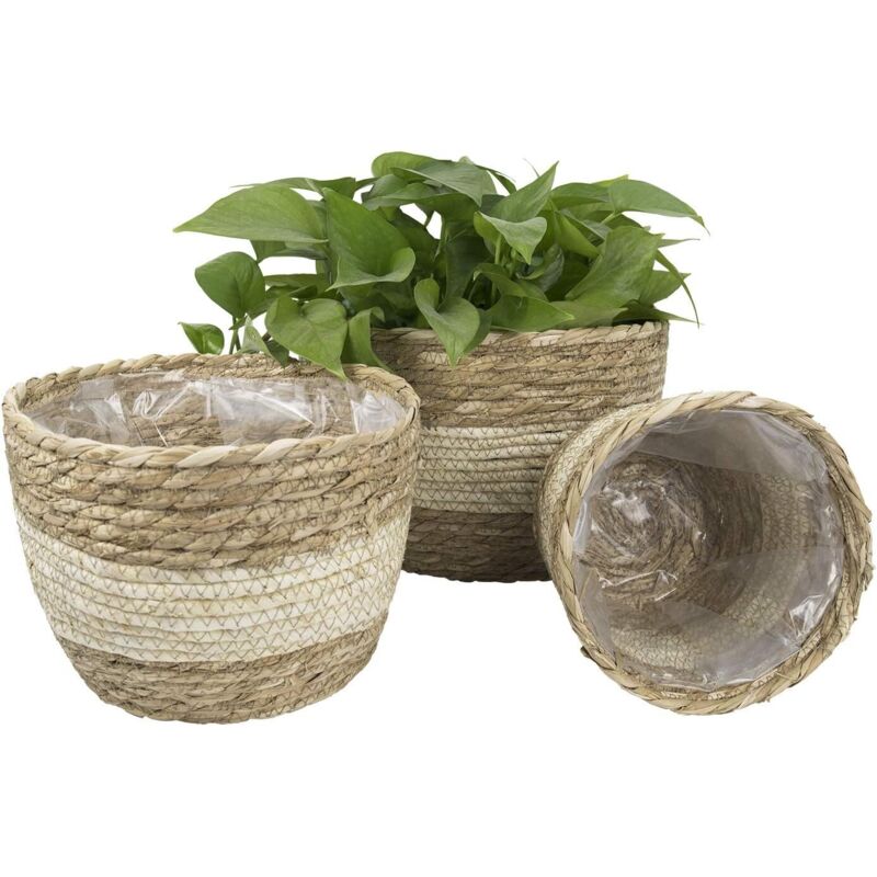 Panier de jardinière d'intérieur en jonc de mer, cache-pots de fleurs, contenants pour plantes, beige (lot de 3)