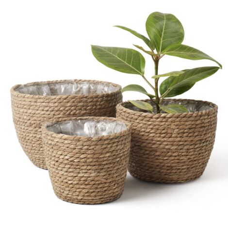 Panier de jardinière d'intérieur en jonc de mer,cache-pots de fleurs, contenants pour plantes, natural (lote de 3)