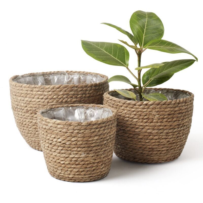 Panier de jardinière d'intérieur en jonc de mer,cache-pots de fleurs, contenants pour plantes, naturel (lot de 3)
