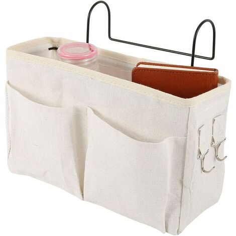 Panier de Lit Chevet Suspendu, Etagère pour Lit Mezzanine Suspendre, Organisateur Etagere Lit en Toile Imperméable, Sac de Rangement Lit Chevet Suspendu pour Livres/Téléphone (blanche)
