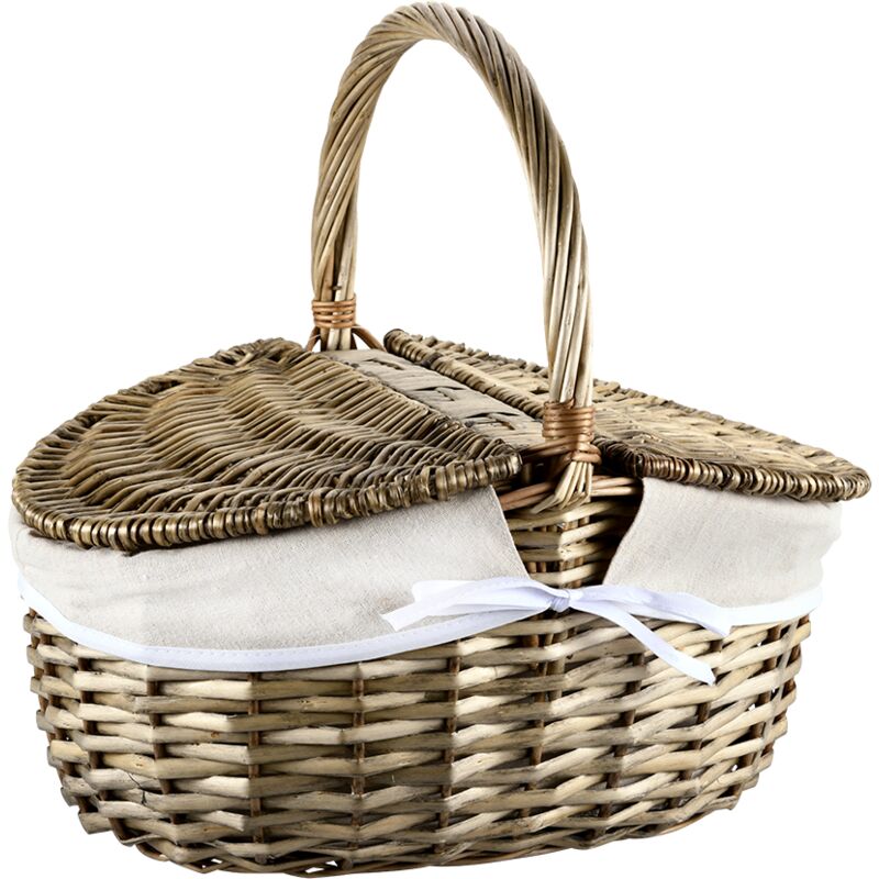 Panier de pique-nique en osier avec couvercle et doublure en tissu, 40 x 28 cm.