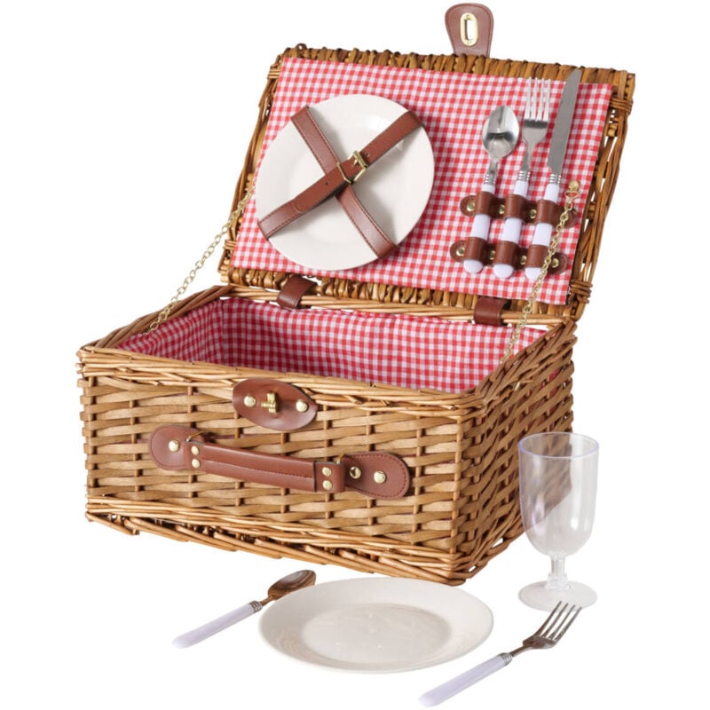 Panier de pique-nique en osier darcel, assiettes, verres, couverts