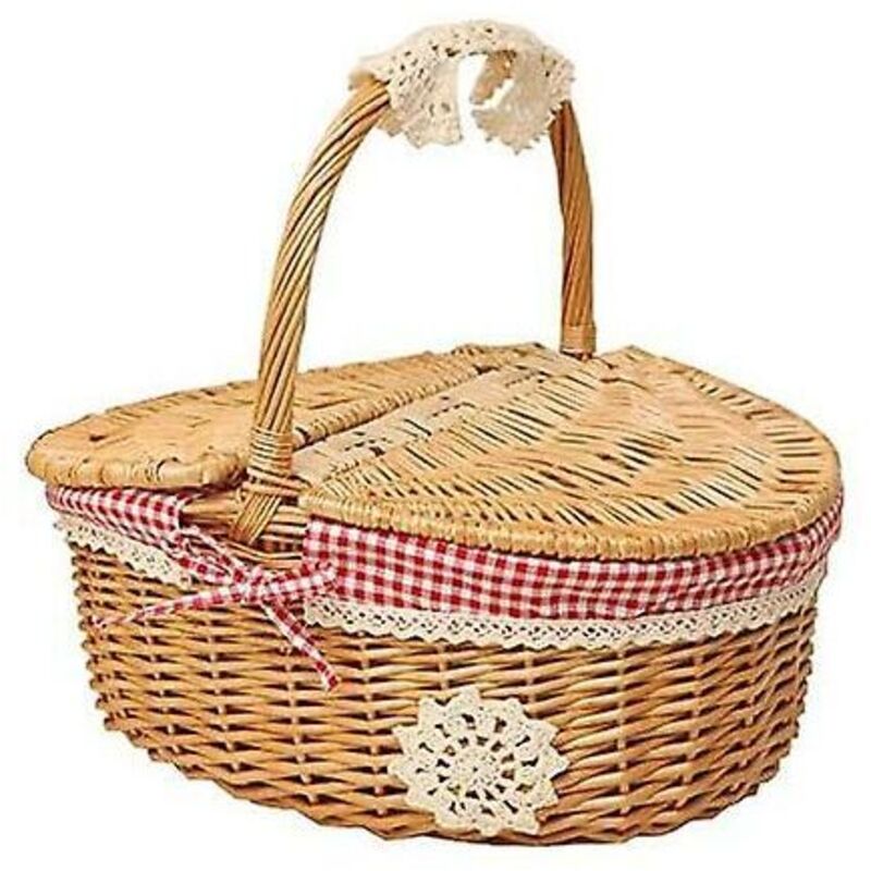 Panier de pique-nique en osier tressé avec couvercle - Style campagnard avec doublure en coton rouge et blanc à carreaux - Panier de présentation