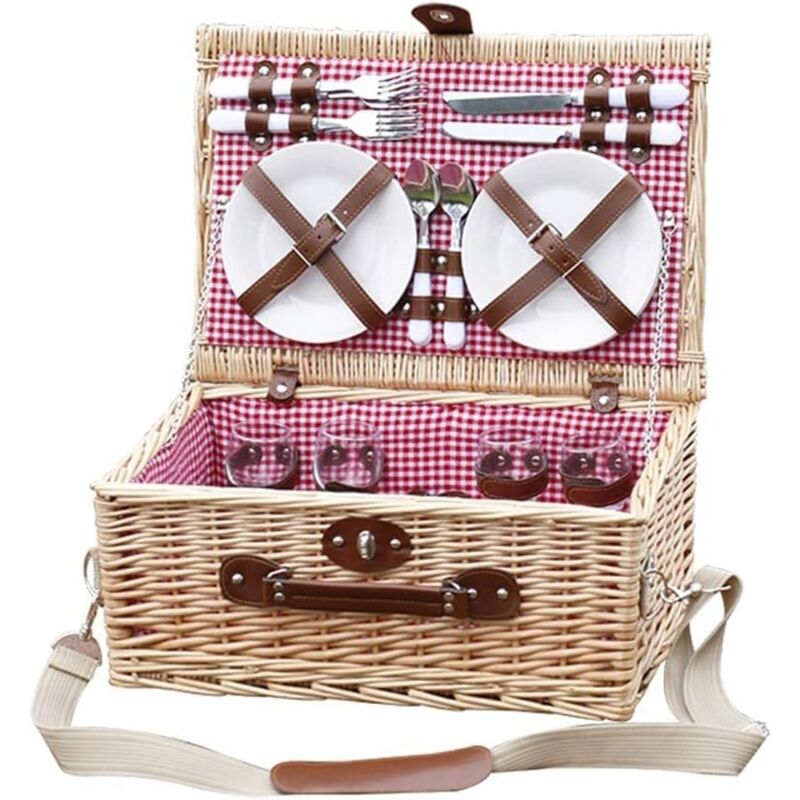 Panier de Pique-Nique en Plein air, Panier de Pique-Nique en Osier avec poignée à Couverts et bandoulière, Grand Panier de Rangement pour 4 Personnes