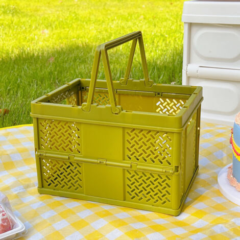 Panier de pique-nique pliable en plastique avec poignées, boîte de rangement empilable pour courses extérieur et maison, vert olive