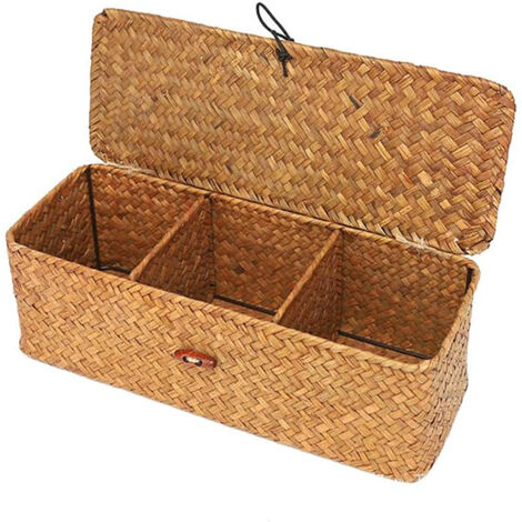 Panier de Rangement 3 Compartiments 32x12x10cm - Corbeille Tressée Main avec Couvercle pour Salle de Bain/Cuisine/Chambre