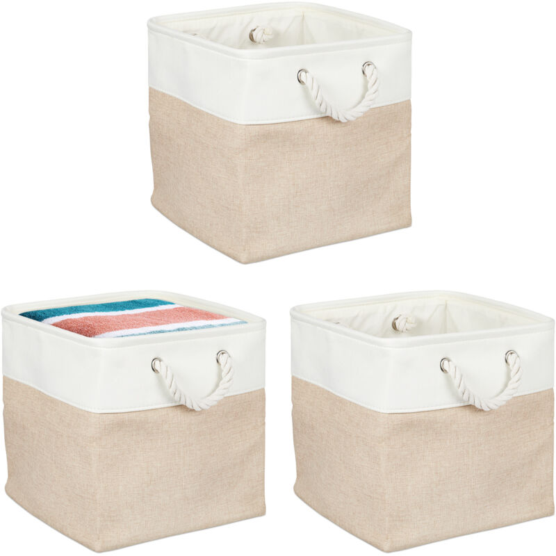 Relaxdays Panier de rangement, lot de 3, pour ranger les jouer ou les vêtements, 30 x 30 x 30 cm, beige et banc