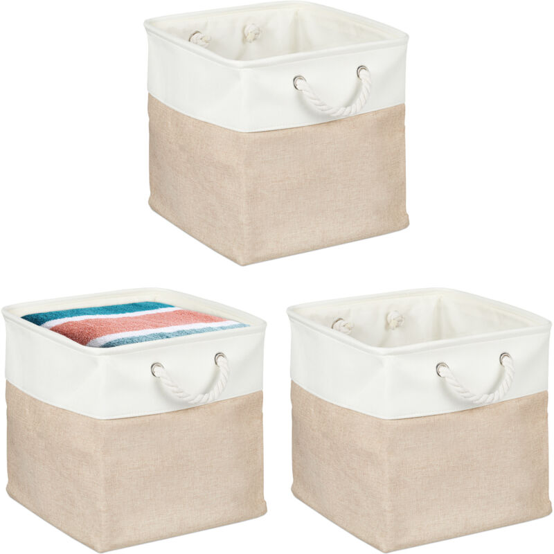 Relaxdays Panier de rangement, lot de 3, pour ranger les jouer ou les vêtements, 33 x 33 x 33 cm, beige et banc