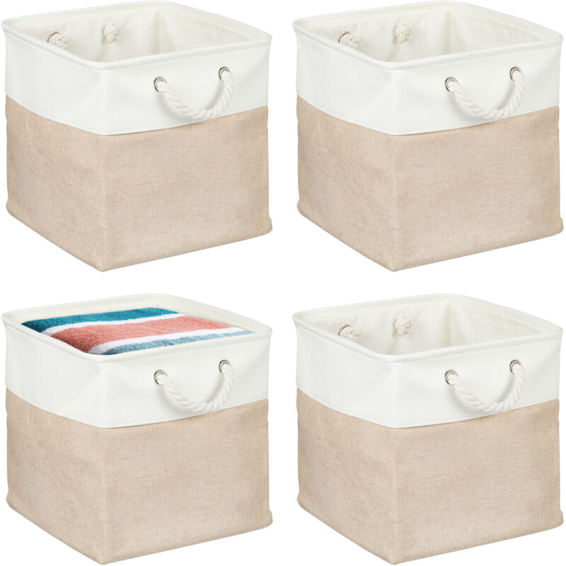 Relaxdays Panier de rangement, lot de 4, pour ranger les jouer ou les vêtements, 33 x 33 x 33 cm, beige et banc