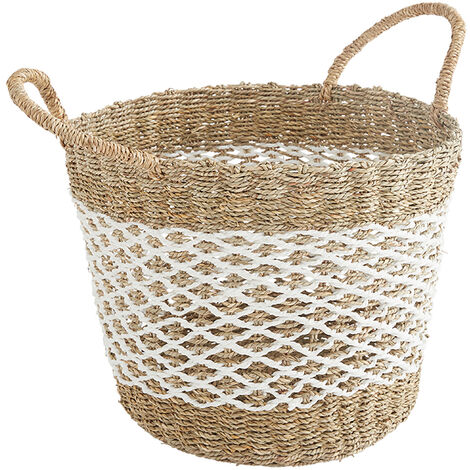 Panier de rangement ajouré avec poignées - Blanc - Paille Naturel - 30x30x30 cm  - BOX & BEYOND