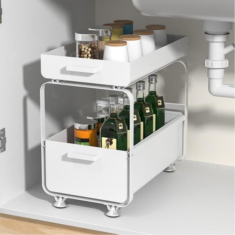Panier de Rangement avec 2 tiroirs, Meuble sous-évier de cuisine à 2 étages, Etagère Coulissant pour Cuisine P40xL26xH40 cm, Blanc