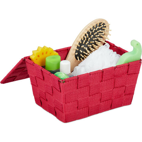 Panier de rangement avec couvercle, aspect tressé, organiseur salle de bain, HxlxP 10,5 x 19,5 x 14,5 cm, bordeaux