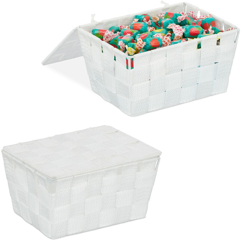 Relaxdays - Panier de rangement, lot de 2, avec couvercle, aspect tressé, organiseur salle de bain, 10,5 x 19,5 x 14,5 cm, blanc