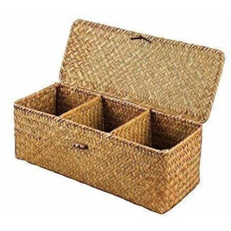 Panier de Rangement avec Couvercle Rectangulaire Coffre en Osier avec Compartiments Organisable Papier Toilette Snack Jouets