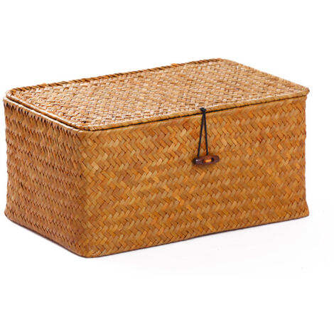 Panier de rangement avec couvercle, tressé, naturel, boîte de rangement avec fermeture éclair