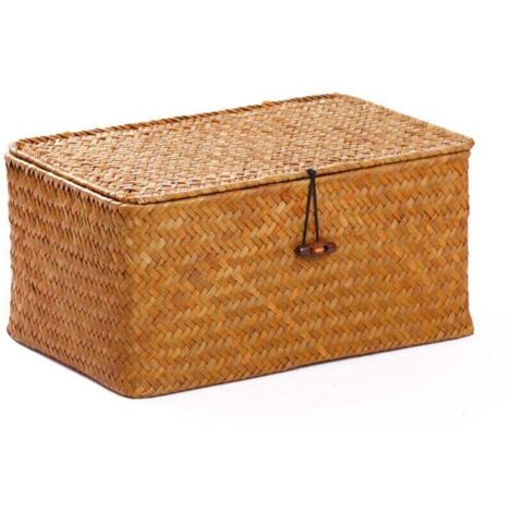 Panier de rangement - boîte de rangement - boîte de rangement avec couvercle - boîte de rangement - bac de rangement - boîte de tri - avec couvercle - avec fermetures - tressé - osier - couleur nature