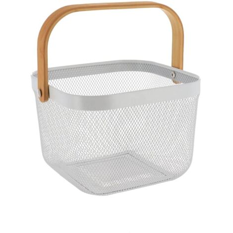 Panier de rangement carre metal poignee bambou - blanc - Tendance