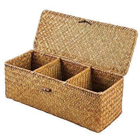 Panier de rangement de bureau créatif tissé artificiel, boîte de rangement de cosmétiques à trois compartiments, panier de rangement de bijoux