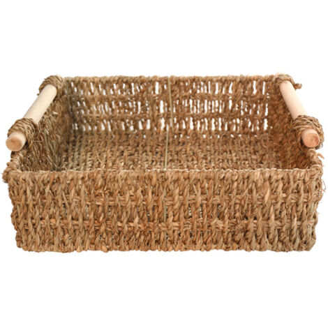Panier de rangement de bureau en tissage artisanal multifonction avec poignées en bois pour cosmétiques