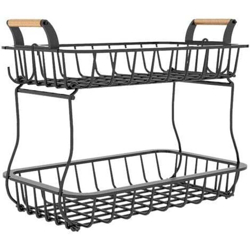 Panier de rangement de cuisine avec étagères, corbeille à fruits en métal à 2 niveaux, paniers à fruits et légumes avec la poignée, style industriel