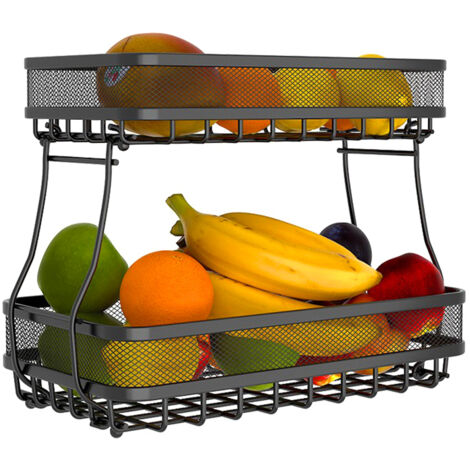 Panier de rangement de fruits à 2 niveaux, organisateur de comptoir de cuisine avec bol en treillis métallique en acier au carbone audacieux pour pain, légumes, panier de fruits détachable