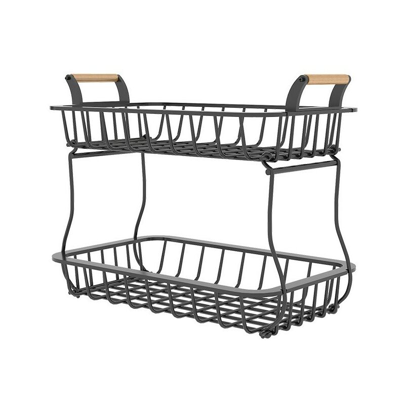 Panier de rangement de fruits à 2 niveaux, organisateur de comptoir de cuisine, avec poignée en bois, bol en acier au carbone pour pain, légumes,
