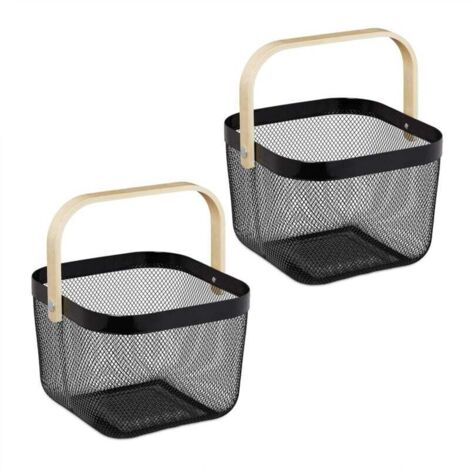 Panier de rangement, dimensions (H x L x P) : 17,5 x 26 x 24,5 cm, cadre en métal et bambou, avec poignée, noir.