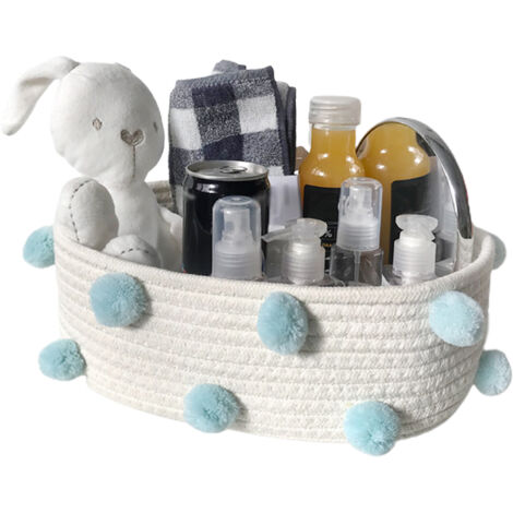 Panier de rangement en corde de coton avec pompons de fourrure - Lot de 3 paniers design bleu ou gris - 20x9cm et 30x12cm - Idéal salon, dressing, chambre
