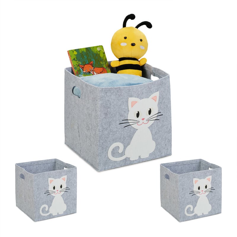 Relaxdays Panier de rangement, lot de 3, motif chat, caisse pour enfant, 33 x 34 x 32 cm, coffre jouets, feutre, gris