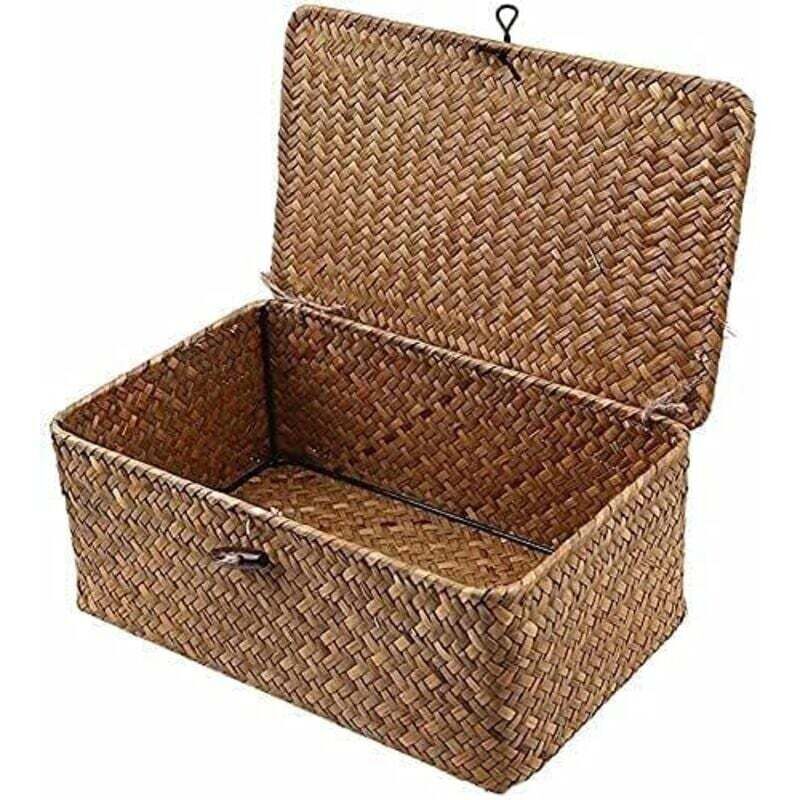 Panier de rangement en jonc de mer avec couvercle, petit panier en osier, boîte de rangement en rotin naturel, panier à linge, osier
