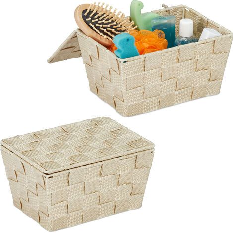 Panier de rangement en lot de 2, avec couvercle, aspect tressé, organiseur salle de bain, 10,5 x 19,5 x 14,5 cm, beige