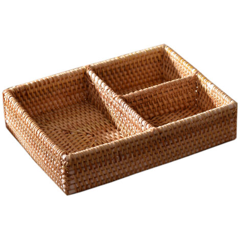 Panier de Rangement en Osier Naturel 3 Compartiments, Boîte Organisatrice Décorative Rustique avec Petit Plateau Alvéolaire pour Entrée, Cuisine, Salon (20cm Marron, Livré 1)