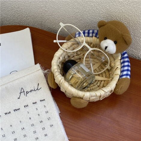 Panier de Rangement en Paille Ours Mignon pour Bureau Chambre Salon Organisateur