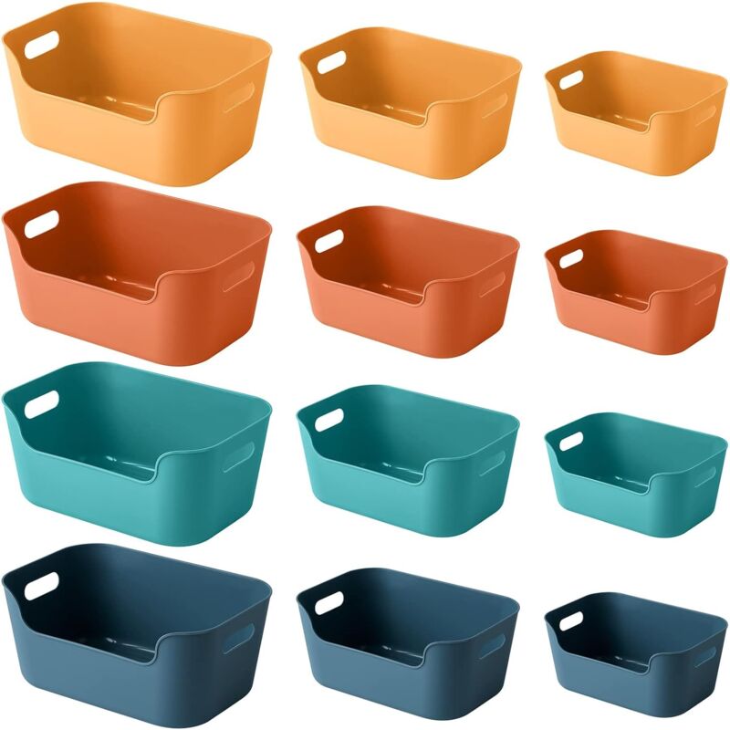 Panier de rangement en plastique,Lot de 12 paniers de rangement empilables avec poignées pour étagère de cuisine, salle de bain, chambre d'enfant,