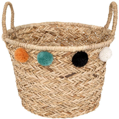 Panier de Rangement en Roseau "Pompons" 41cm Naturel