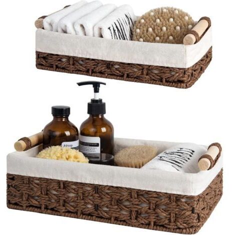 Panier de rangement en rotin marron 25 x 15 x 8,1 cm + 30 x 20 x 9,9 cm pour organiser le papier toilette sur le comptoir, 2 pièces